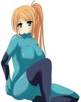  blonde_hair breasts female green_eyes huge_breasts latex long_hair metroid p3 ponytail samus_aran simple_background sitting solo white_background zero_suit 