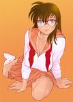  breasts brown_hair cleavage glasses green_eyes large_breasts school_uniform serafuku solo tamaki_nozomu 