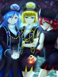  3girls bare_shoulders beret black_dress blonde_hair blue_eyes breasts crossed_arms dress electricity fang fire flamberge_(kirby) francisca_(kirby) grin hannitsui hat ice kirby:_star_allies kirby_(series) long_hair looking_at_viewer looking_back medium_hair multiple_girls nintendo pointy_ears purple_eyes red_hair shiny shiny_hair short_dress short_hair smile very_long_hair yellow_eyes zan_partizanne 