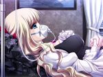  1girl blonde_hair blue_eyes breasts game_cg hell_guide indoors long_hair m_no_violet mask solo 
