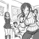  anorak big_breasts blush breasts couch denim earmuffs jeans kinuko_(fever_chill) kinuko_(mecha_fetus) large_breasts long_hair lowres mariel_cartwright mittens monochrome pants snow sofa sweater wink 