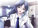  1girl game_cg glasses green_eyes grey_hair hell_guide indoors m_no_violet solo 