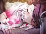  1girl blush brown_hair game_cg hell_guide indoors m_no_violet sleeping solo 