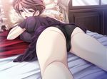 1girl ass blue_eyes brown_hair character_request game_cg hell_guide indoors m_no_violet panties santa_matsuri solo underwear 