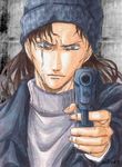  akai_shuichi black_hair bonnet gun handgun meitantei_conan pistol rye_(meitantei_conan) silver_(conan_biyori) tears weapon 