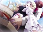  1boy 1girl blonde_hair blue_eyes game_cg grope groping hell_guide long_hair m_no_violet outdoors sky 