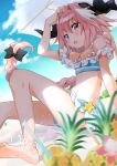  1boy astolfo_(fate) astolfo_(sparkling_frills)_(fate) bare_shoulders barefoot bikini bikini_skirt blue_bikini blue_sky blush bow braid bulge cloud fate/grand_order fate_(series) food frilled_bikini frills fruit hair_between_eyes hair_bow hair_intakes lemon long_hair midriff multicolored_hair navel open_mouth otoko_no_ko pineapple pink_eyes pink_hair rougetsu shade sidelocks single_braid sky streaked_hair striped striped_bikini swimsuit umbrella very_long_hair 