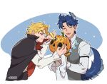  3boys animal_ears arm_strap black_cape blonde_hair blue_hair braid cape closed_eyes commentary_request dio_brando family fangs father_and_son giorno_giovanna halloween highres holding holding_marker honlo jack-o&#039;-lantern jojo_no_kimyou_na_bouken jonathan_joestar lifting_person long_hair long_sleeves looking_at_another male_focus marker multiple_boys pumpkin_hat shirt short_hair sleeping smile tail vampire vest werewolf white_shirt wolf_ears wolf_tail zzz 