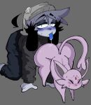  all_fours ambiguous_gender anal anthro beanie bent_over bestiality big_butt blush bodily_fluids bottomwear butt canid canine canis clothing domestic_dog dorky_(lewd_dorky) duo eeveelution espeon feral forehead_gem generation_2_pokemon grey_body grey_hair hair half-closed_eyes hat headgear headwear hi_res interspecies kneeling lewd_dorky looking_at_viewer male mammal narrowed_eyes nintendo oral pants pokeball pokemon pokemon_(species) pokephilia purple_body rimming saliva sex shirt sitting thick_thighs topwear wide_hips 