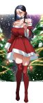  1girl absurdres alternate_costume belt_buckle black_choker blush breasts buckle choker christmas_tree cleavage collarbone dress full-face_blush full_body highres huge_breasts invincible_dragon_(last_origin) last_origin letterboxed looking_at_viewer off-shoulder_dress off_shoulder red_dress red_thighhighs rhlatm santa_costume skindentation snowing solo thighhighs v 