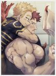  2boys abs arms_around_neck bara beard biceps black_tank_top blonde_hair blue_eyes blush boku_no_hero_academia bottle couple endeavor_(boku_no_hero_academia) eye_contact facial_hair feathered_wings from_side hawks_(boku_no_hero_academia) highres hug hug_from_behind large_pectorals looking_at_another mahoubin_(totemo_hot_dayo) male_focus mature_male multiple_boys muscular muscular_male nipple_slip nipples pectorals red_hair red_wings scar scar_across_eye short_hair sideburns sidepec smile spiked_hair stomach stubble sweat tank_top towel upper_body water_bottle wings yaoi 