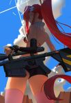  1girl anti-materiel_rifle ass bikini bikini_top_only black_shorts black_sleeves blue_sky breasts carrying cloud commentary detached_sleeves english_commentary fingerless_gloves from_behind gloves gun hair_ornament highres lens_flare long_hair looking_away mountain outdoors pink_thighhighs ponytail qosic red_hair rifle short_shorts shorts shoulder_carry single_detached_sleeve skull_hair_ornament sky sniper_rifle solo spread_fingers strap swimsuit tengen_toppa_gurren_lagann thighhighs weapon yellow_eyes yoko_littner 