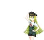  1girl alina_gray aqua_eyes bangs black_headwear blunt_ends blush buttons character_print charlotte_(madoka_magica) closed_mouth coco_ichibanya cowboy_shot dot_nose green_hair green_overalls hair_between_eyes hand_on_headwear hand_on_hip hat jewelry legs_together long_hair looking_at_viewer magia_record:_mahou_shoujo_madoka_magica_gaiden mahou_shoujo_madoka_magica multicolored_hair official_art overalls pants peaked_cap print_shirt ring shirt short_sleeves sidelocks simple_background smile solo split_mouth straight_hair streaked_hair striped striped_pants t-shirt transparent_background vertical-striped_pants vertical_stripes very_long_hair white_shirt 