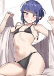  1girl absurdres alternate_costume audio_jack bangs bed_sheet bikini black_bikini black_eyes blue_hair blunt_bangs blush boku_no_hero_academia breasts closed_mouth highres jirou_kyouka long_earlobes navel short_hair sidelocks small_breasts solo stomach swimsuit zd_(pixiv6210083) 