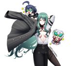  3girls absurdres ahoge arms_up bali black_hair breasts cleavage counter:side dash_(counter:side) green_hair highres horizon_(counter:side) long_hair looking_at_viewer medium_breasts multiple_girls o-ring rita_arsenico star_(symbol) sunglasses white_background white_hair yellow_eyes 