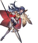  1girl alternate_costume arm_guards armor armored_boots bangs belt blue_eyes blue_hair bodysuit bodysuit_under_clothes boots breastplate cape closed_mouth feather_trim fire_emblem fire_emblem_awakening fire_emblem_heroes full_body garter_straps gloves gold_trim highres holding holding_shield holding_weapon jewelry leg_up lips long_hair looking_away lucina_(fire_emblem) mizutama_(mao11260510) multiple_belts non-web_source official_art polearm ribbed_bodysuit serious shield shiny shiny_hair shoulder_armor skin_tight solo spear tiara transparent_background weapon 