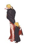  2boys aged_down black_cape black_nails blonde_hair braid cape cape_lift clothes_lift dio_brando father_and_son fishnet_thighhighs fishnets giorno_giovanna high_heels highres honlo jewelry jojo_no_kimyou_na_bouken long_hair looking_at_another male_focus multiple_boys open_mouth red_eyes simple_background standing thighhighs vampire white_background 