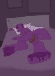  absurd_res anthro bed defecating eyes_closed feces fur furniture hair hi_res lying male monochrome pawpads picture_frame purple_body purple_fur purple_tail relaxing resting scat sleeping smellyzep solo sound_effects vowelless vowelless_sound_effect zzz 