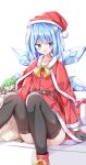  1girl belt black_gloves black_thighhighs blue_eyes blue_hair capelet cirno daiyousei detached_wings dress gloves hat highres ice ice_wings knees_up looking_at_viewer open_mouth red_capelet red_dress red_footwear red_headwear sabana sack santa_costume santa_hat short_hair simple_background sitting solo thighhighs touhou white_background wings 