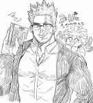 2boys :d ^_^ alternate_costume bara beard bespectacled boku_no_hero_academia book closed_eyes collared_shirt couple endeavor_(boku_no_hero_academia) expressionless facial_hair feathered_wings flying glasses greyscale hawks_(boku_no_hero_academia) highres holding holding_book looking_at_viewer mahoubin_(totemo_hot_dayo) male_focus mature_male monochrome motion_lines multiple_boys muscular muscular_male open_clothes open_shirt partially_unbuttoned red_hair red_wings scar scar_across_eye shirt short_hair sideburns sketch smile solo_focus spiked_hair stubble teacher translation_request upper_body wings yaoi 