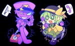  1boy 1girl :d bangs black_background black_headwear bow bright_pupils chinese_commentary colored_skin commentary_request crossover five_nights_at_freddy&#039;s frilled_shirt_collar frilled_skirt frills full_body green_eyes green_hair green_skirt grin hair_between_eyes hat hat_bow heart heart_of_string highres holding holding_knife holding_phone knife komeiji_koishi long_sleeves michael_afton open_mouth pants phone purple_pants purple_shirt purple_skin schoolcaco3 shirt simple_background skirt smile third_eye touhou yellow_bow yellow_shirt 