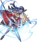  1girl alternate_costume arm_guards armor armored_boots bangs belt blue_eyes blue_hair bodysuit bodysuit_under_clothes boots breastplate cape feather_trim fire_emblem fire_emblem_awakening fire_emblem_heroes full_body garter_straps gloves glowing glowing_weapon gold_trim highres holding holding_shield holding_weapon jewelry leg_up lips long_hair looking_away lucina_(fire_emblem) mizutama_(mao11260510) multiple_belts non-web_source official_art open_mouth polearm ribbed_bodysuit shield shiny shiny_hair shoulder_armor skin_tight solo spear tiara transparent_background weapon 