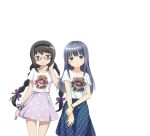  2girls akemi_homura arm_at_side bangs black_hair black_hairband blue_eyes blue_gemstone blue_hair blush bracelet braid character_print charlotte_(madoka_magica) coco_ichibanya cowboy_shot dot_nose gem glasses hair_ribbon hairband hand_up jewelry long_hair looking_at_viewer magia_record:_mahou_shoujo_madoka_magica_gaiden mahou_shoujo_madoka_magica medium_skirt miniskirt multiple_girls nanami_yachiyo official_art polka_dot polka_dot_skirt print_shirt print_skirt purple_eyes purple_ribbon purple_scrunchie purple_skirt red-framed_eyewear ribbon ring scrunchie semi-rimless_eyewear shirt short_sleeves sidelocks simple_background skirt smile t-shirt transparent_background twin_braids twintails under-rim_eyewear very_long_hair white_shirt wrist_scrunchie 