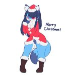  a78087653 anthro blue_body blue_fur boots christmas christmas_clothing christmas_headwear clothing fan_character female female/female fluffly fluffy_ears footwear fur hair happy hat headgear headwear holidays long_hair looking_at_viewer red_eyes santa_hat simple_background smile solo thick_thighs 