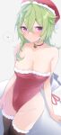  1girl :/ absurdres alternate_costume arms_at_sides asymmetrical_hair bangs bare_arms bare_shoulders belt black_thighhighs blush breasts buckle choker christmas cleavage closed_mouth collei_(genshin_impact) commentary_request covered_navel cowboy_shot crossed_bangs genshin_impact green_hair groin hair_between_eyes hat heart highleg highleg_leotard highres leotard looking_at_viewer medium_breasts medium_hair pom_pom_(clothes) purple_eyes red_belt red_choker red_headwear red_leotard santa_costume santa_hat signature simple_background solo speech_bubble spoken_heart thighhighs thighs white_background white_bag xlyami 