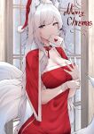  1girl absurdres animal_ear_fluff animal_ears azur_lane breasts capelet choker christmas cleavage commentary_request dated_commentary dress gloves grey_eyes hat highres indoors large_breasts letter long_hair looking_at_viewer merry_christmas mouth_hold red_capelet red_dress red_headwear samip santa_hat shinano_(azur_lane) solo tail white_gloves white_hair window 