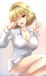 1girl ahoge alternate_costume arcueid_brunestud blonde_hair blush breasts cleavage collarbone commentary_request dress_shirt grey_background hair_intakes highres large_breasts long_sleeves looking_at_viewer one_eye_closed open_mouth red_eyes rubbing_eyes shirt short_hair sitting sleepy solo teeth thighs tongue tsukihime vent_vert_(kuuya) white_shirt 