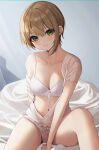  1girl :3 absurdres arm_behind_back asymmetrical_hair bangs bed_sheet between_legs blush bow bow_panties bra breasts brown_hair cleavage closed_mouth collarbone commentary_request curtains green_eyes hand_between_legs head_tilt highres idolmaster idolmaster_cinderella_girls knee_up kudou_(sikisiki0000) lace lace-trimmed_bra lace_panties lace_trim medium_breasts miyamoto_frederica navel off_shoulder open_clothes open_shirt panties see-through shirt short_hair short_sleeves sidelocks single_bare_shoulder sitting smile stomach thighs underwear white_bra white_panties white_shirt 