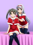  2girls bangs bed black_thighhighs brown_eyes brown_hair capelet christmas closed_mouth commentary_request doutanuki dress fur-trimmed_capelet fur-trimmed_dress fur_trim green_eyes grey_hair hair_ribbon hairband hands_on_another&#039;s_shoulders highres kantai_collection kneeling leaning_forward long_hair looking_at_viewer medium_hair microdress multiple_girls on_bed open_mouth purple_background red_dress red_eyes red_hairband ribbon santa_dress short_dress short_sleeves shoukaku_(kancolle) sitting smile thighhighs twintails white_ribbon zuikaku_(kancolle) 