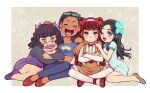  4girls black_hair blue_earrings blue_eyes bow breasts brown_eyes brown_hair center_frills chibimi chibita cleavage crossed_arms dark-skinned_female dark_skin dobusu_(osomatsu-san) earrings facial_mark flower_fairy_(osomatsu-kun) frilled_sleeves frills genderswap hair_bow heart heart_in_mouth jewelry kabu_(bekka) karako_(osomatsu-san) large_breasts long_hair multiple_girls multiple_hair_bows one_eye_closed open_mouth osomatsu-san pantyhose plump purple_bow purple_lips short_hair smile twintails whisker_markings white_pantyhose 