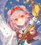  1girl animal_ears arknights bow candy candy_cane cat_ears christmas collar commentary flower food goldenglow_(arknights) goldenglow_(night_loving_servant)_(arknights) green_hairband green_sweater hair_between_eyes hair_bow hairband highres infection_monitor_(arknights) looking_at_viewer mistletoe pink_hair red_sweater shirt smile solo sweater vihua6 white_flower white_shirt yellow_eyes 
