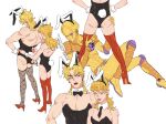  2boys absurdres adjusting_clothes animal_ears ass ass_grab black_leotard blonde_hair boots braid detached_collar dio_brando father_and_son fishnet_thighhighs fishnets full_body giorno_giovanna gold_experience green_eyes high_heels highres honlo jewelry jojo_no_kimyou_na_bouken leotard lipstick long_hair looking_at_another makeup male_focus male_playboy_bunny multiple_boys muscular muscular_male pectorals rabbit_ears rabbit_tail red_eyes red_footwear red_lips red_nails simple_background stand_(jojo) strapless strapless_leotard tail thigh_boots thighhighs thighs vento_aureo white_background wrist_cuffs zipper 
