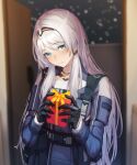  1girl 3_small_spiders an-94_(girls&#039;_frontline) aqua_eyes aqua_hair blurry blurry_background box christmas_present gift gift_box girls&#039;_frontline gloves hairband highres holding holding_gift long_hair looking_at_viewer open_door tactical_clothes upper_body 