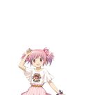  1girl :d arm_at_side arm_up bangs blush bow character_print coco_ichibanya dot_nose hair_bow kaname_madoka looking_at_viewer magia_record:_mahou_shoujo_madoka_magica_gaiden mahou_shoujo_madoka_magica official_art open_mouth pink_bow pink_hair pink_skirt print_shirt scrunchie shirt short_hair short_sleeves simple_background skirt smile solo striped striped_bow striped_skirt swept_bangs t-shirt transparent_background twintails upper_body vertical-striped_skirt vertical_stripes white_shirt wrist_scrunchie 
