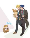  3boys :p aged_down animal_ears arm_hug bag baguette black_pants blonde_hair blue_eyes blue_hair boots box bread cat_boy cat_ears cat_tail coat dio_brando food full_body giorno_giovanna green_eyes highres holding holding_bag honlo in_box in_container jacket jojo_no_kimyou_na_bouken jonathan_joestar long_hair long_sleeves looking_at_another male_focus multiple_boys necktie open_mouth pants paper_bag red_necktie shirt tail tongue tongue_out vest walking white_shirt 