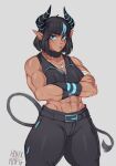  1girl abs belt black_hair blue_eyes blue_hair breasts choker cleavage crossed_arms dark_skin dog_tags earrings hdhx highres horns jewelry looking_at_viewer multicolored_hair muscular muscular_female original pointy_ears short_hair simple_background solo tail thick_thighs thighs toned 