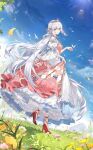  1girl ankle_ribbon argyle battenberg_cake_(food_fantasy) bird blue_eyes blue_ribbon braid bug butterfly butterfly_on_hand cloud day dress falling_petals floral_print flower food_fantasy french_braid from_side full_body gown grass hair_between_eyes hair_ornament hair_ribbon high_heels highres leg_ribbon long_hair looking_at_viewer looking_to_the_side low_twintails mountain multicolored_clothes multicolored_dress official_art petals pink_dress pink_flower pink_ribbon puffy_short_sleeves puffy_sleeves red_footwear ribbon short_sleeves skirt_hold sleeves_past_elbows smile solo standing standing_on_one_leg sunlight third-party_source tiara tree twintails very_long_hair white_dress white_flower white_hair wrist_cuffs yellow_flower 
