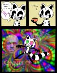  abstract_background absurd_res anthro black_body chemical comic dialogue drug_usage drugs english_text hi_res humor male mammal meme multicolored_body procyonid psychedelic psychedelic_background raccoon rex_raccoon_(rexon02) rexon02 solo speech_bubble text toony two_tone_body white_body 