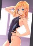  1girl black_one-piece_swimsuit blue_eyes breasts competition_swimsuit covered_navel dutch_angle hand_on_hip highleg highleg_swimsuit highres kuri_(kurigohan) looking_at_viewer medium_hair mizuno_(brand) one-piece_swimsuit orange_hair original parted_lips small_breasts smile solo swimsuit v-shaped_eyebrows 