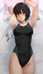  1girl amagami armpits black_hair black_one-piece_swimsuit breasts breath brown_eyes competition_swimsuit cowboy_shot from_above highres looking_at_viewer lying nanasaki_ai one-piece_swimsuit pillow presenting_armpit short_hair signature small_breasts solo swimsuit yoo_tenchi 