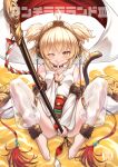  1girl ;) alphy andira_(granblue_fantasy) animal_ears antenna_hair bangs bare_shoulders barefoot blonde_hair breasts closed_mouth commentary_request cover cover_page detached_leggings detached_sleeves doujin_cover fur-trimmed_sleeves fur_trim granblue_fantasy hair_between_eyes highres knees_up leotard long_sleeves monkey_ears monkey_girl monkey_tail obi one_eye_closed orange_eyes sash see-through small_breasts smile solo tail translation_request two_side_up white_leotard white_sleeves wide_sleeves 