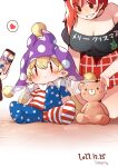  3girls alternate_eye_color american_flag_pants american_flag_shirt animal_ears arm_up artist_name bare_shoulders bear_ears blonde_hair blurry blush breasts brown_dress brown_eyes brown_headwear cellphone chibi christmas_tree_print closed_mouth clothes_writing clownpiece commentary_request dated dress eyes_visible_through_hair fairy_wings floor grey_shirt hand_up hat heart hecatia_lapislazuli highres holding holding_phone jester_cap junko_(touhou) large_breasts long_hair long_sleeves looking_at_another medium_hair miniskirt multiple_girls neck_ruff no_shoes off-shoulder_shirt off_shoulder pants phone plaid plaid_skirt pointy_ears polka_dot polos_crown purple_headwear red_eyes red_hair red_skirt sayakata_katsumi seiza shirt short_sleeves simple_background sitting skirt smartphone smile speech_bubble star_(symbol) star_print striped striped_pants striped_shirt stuffed_animal stuffed_toy t-shirt taking_picture teddy_bear teeth touhou v-shaped_eyebrows very_long_hair white_background wide_sleeves wings |_| 