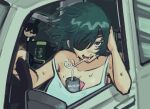  1girl bendy_straw between_breasts black_hair black_jacket black_necktie breasts can car chainsaw_man cleavage condom_between_breast crazy_straw drinking_straw elbow_rest eyepatch geforce_rtx_4090 green_eyes grey_tank_top ground_vehicle hand_on_own_head hayakawa_aki heart_straw highres himeno_(chainsaw_man) jacket large_breasts liowig looking_at_viewer motor_vehicle necktie off_shoulder open_mouth shirt short_hair smile soda_can solo steering_wheel stuffed_toy sweat tank_top white_shirt 