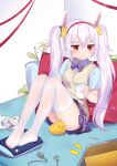  1girl alternate_costume animal_ears artist_name ass azur_lane bangs blue_shirt bow bowtie breasts cd cd_case chinese_commentary closed_mouth coffee_mug collared_shirt commentary_request cup dated extension_cord fake_animal_ears feet frown full_body hair_between_eyes hairband heart heart_in_eye highres holding holding_cup knees_up laffey_(azur_lane) legs light_purple_hair long_hair manjuu_(azur_lane) medium_breasts mug on_bed pillow plaid plaid_bow plaid_bowtie purple_bow purple_bowtie rabbit_ears red_eyes shirt sidelocks sitting solo spoon sweater_vest symbol_in_eye tablet_pc thighhighs thighs twintails very_long_hair white_thighhighs xiao_shi_lullaby 