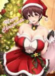  1girl black_gloves blush breasts brown_eyes brown_hair choker christmas_tree cleavage collarbone dress frilled_dress frills fur-trimmed_dress fur-trimmed_gloves fur_trim gloves hat highres holly idolmaster idolmaster_cinderella_girls large_breasts looking_at_viewer oikawa_shizuku open_mouth red_dress sack santa_costume santa_dress santa_hat short_hair solo umasan 