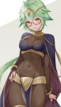 1girl animal_ears bangs bodystocking breasts bridal_gauntlets commentary_request cosplay covered_navel cowboy_shot fire_emblem fire_emblem_awakening genshin_impact glasses green_hair grey_background groin hair_between_eyes haru_(nakajou-28) highres long_hair looking_at_viewer medium_breasts pelvic_curtain solo standing sucrose_(genshin_impact) tharja_(fire_emblem) tharja_(fire_emblem)_(cosplay) thighs two-tone_background very_long_hair white_background yellow_eyes 